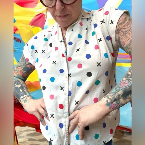 80s Vintage Act 3 III Short Sleeve Novelty X’s and O’s Print Blouse-L - Picture 4 of 8